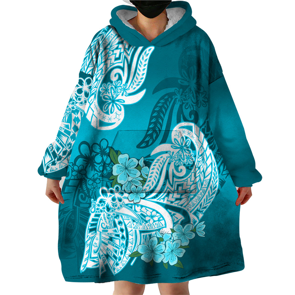 Polynesian Wearable Blanket Hoodie Pacific Flower Mix Floral Tribal Tattoo Aqua Vibe - Wonder Print Shop
