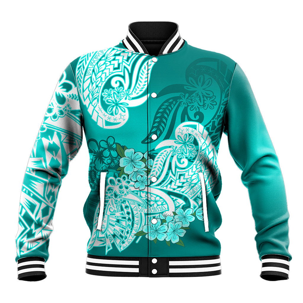 Polynesian Baseball Jacket Pacific Flower Mix Floral Tribal Tattoo Turquoise Vibe LT9 - Wonder Print Shop