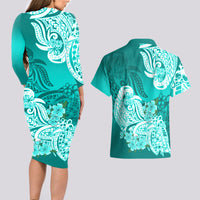 Polynesian Couples Matching Long Sleeve Bodycon Dress and Hawaiian Shirt Pacific Flower Mix Floral Tribal Tattoo Turquoise Vibe LT9 - Wonder Print Shop