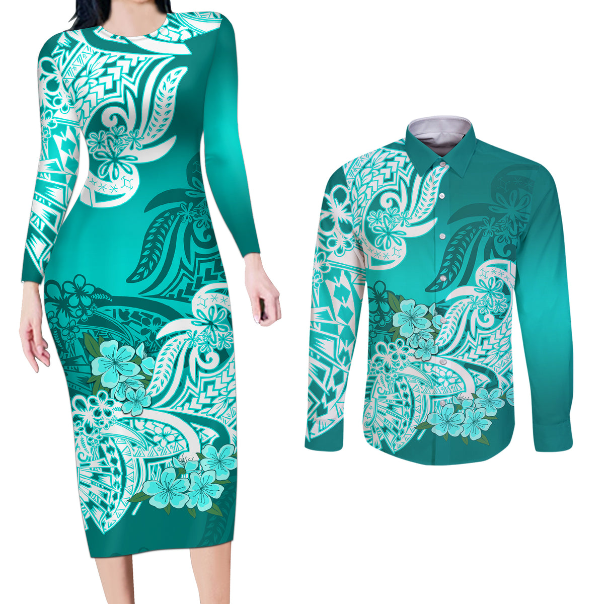 Polynesian Couples Matching Long Sleeve Bodycon Dress and Long Sleeve Button Shirts Pacific Flower Mix Floral Tribal Tattoo Turquoise Vibe LT9 - Wonder Print Shop