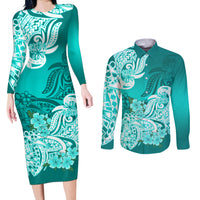 Polynesian Couples Matching Long Sleeve Bodycon Dress and Long Sleeve Button Shirts Pacific Flower Mix Floral Tribal Tattoo Turquoise Vibe LT9 - Wonder Print Shop
