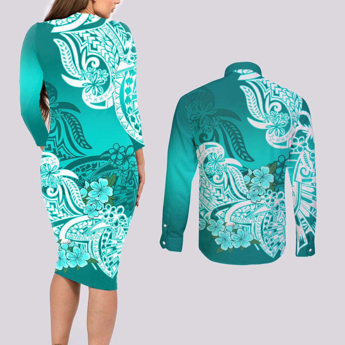 Polynesian Couples Matching Long Sleeve Bodycon Dress and Long Sleeve Button Shirts Pacific Flower Mix Floral Tribal Tattoo Turquoise Vibe LT9 - Wonder Print Shop