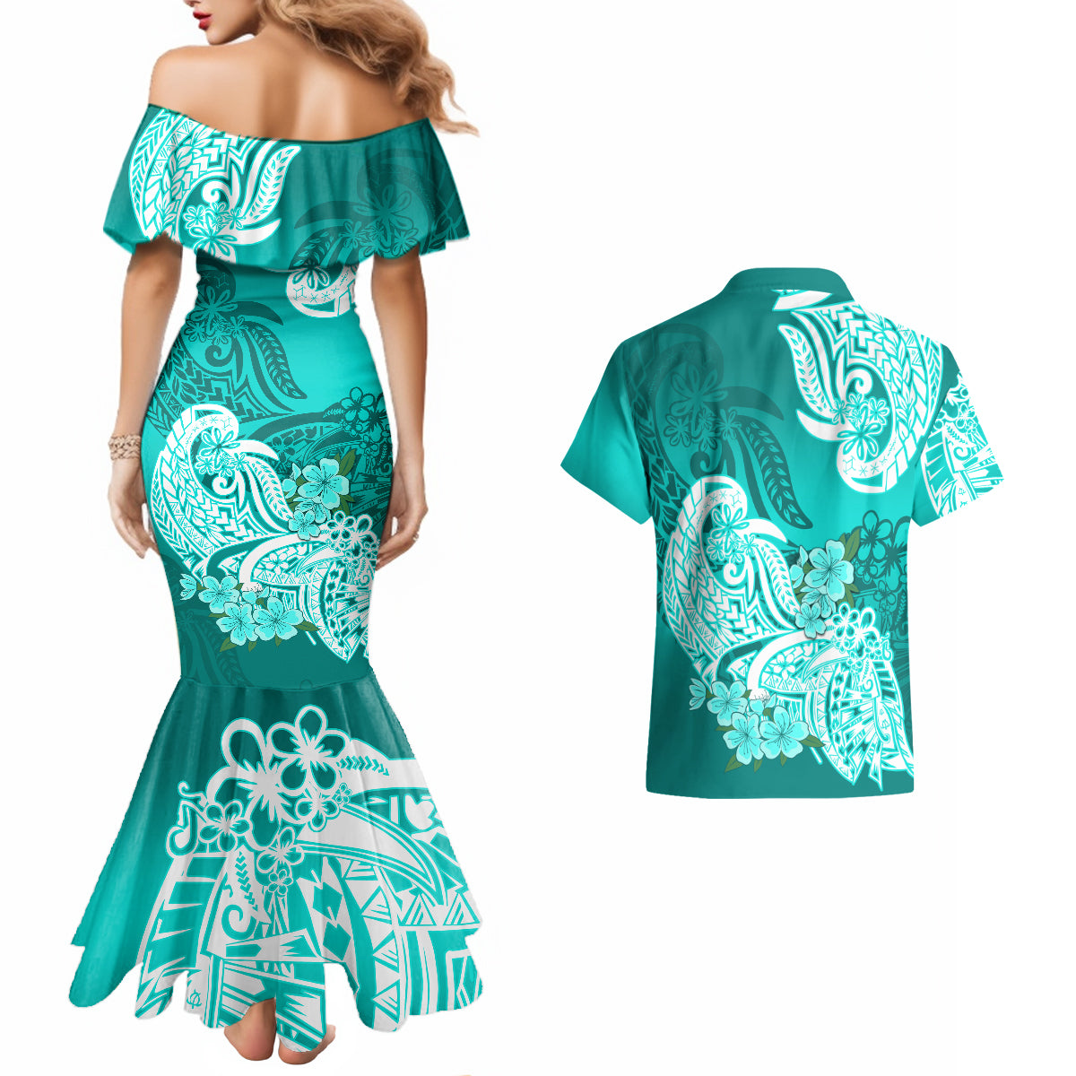 Polynesian Couples Matching Mermaid Dress And Hawaiian Shirt Pacific Flower Mix Floral Tribal Tattoo Turquoise Vibe LT9 - Wonder Print Shop