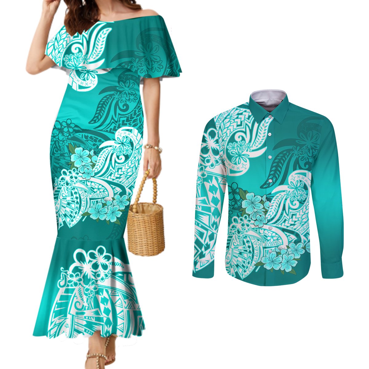 polynesian-couples-matching-mermaid-dress-and-long-sleeve-button-shirts-pacific-flower-mix-floral-tribal-tattoo-turquoise-vibe