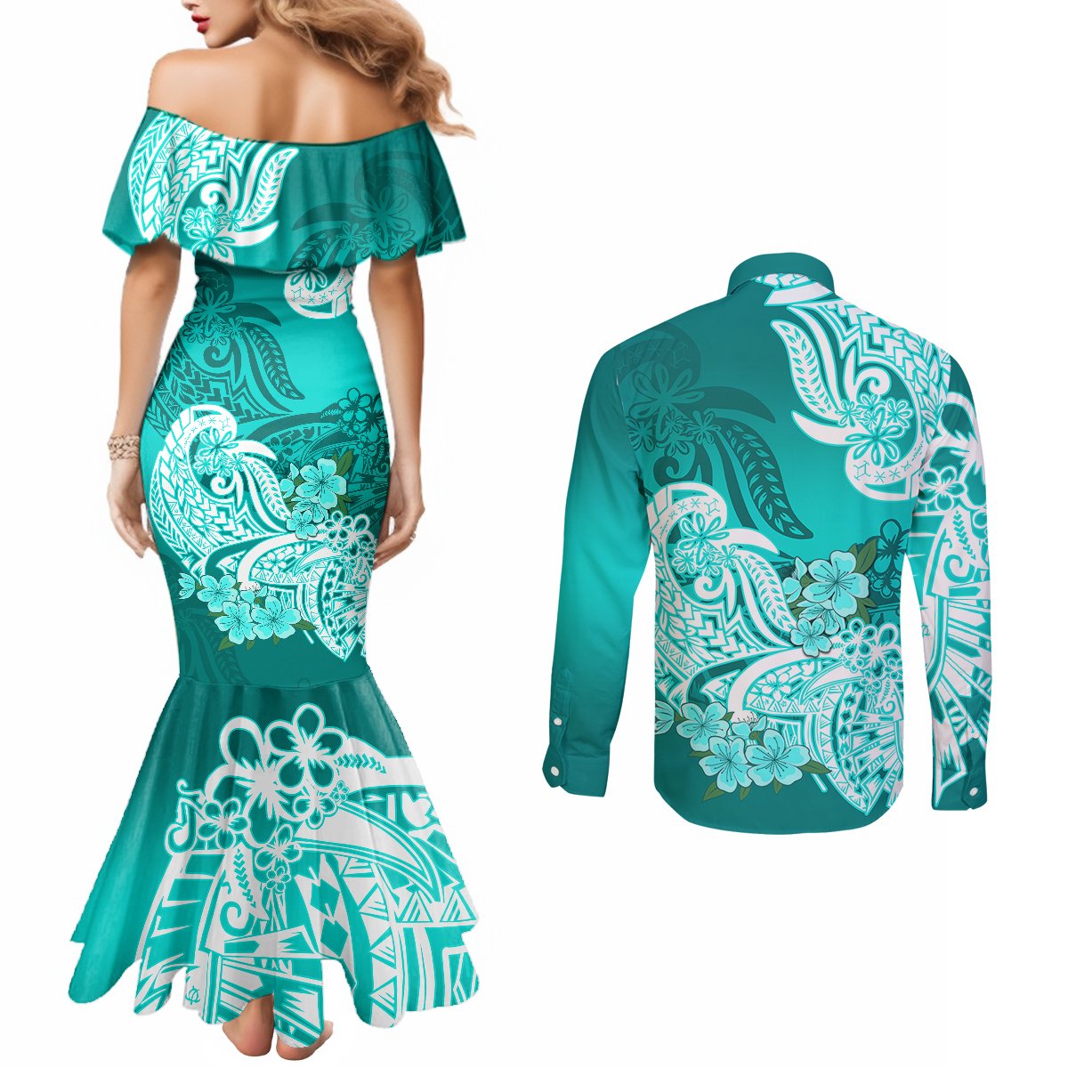 Turquoise off-shoulder mermaid maxi dress and long-sleeve button shirt, floral tribal back print