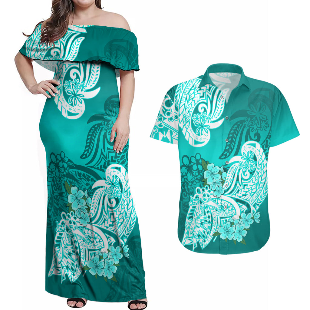 Polynesian Couples Matching Off Shoulder Maxi Dress and Hawaiian Shirt Pacific Flower Mix Floral Tribal Tattoo Turquoise Vibe LT9 - Wonder Print Shop