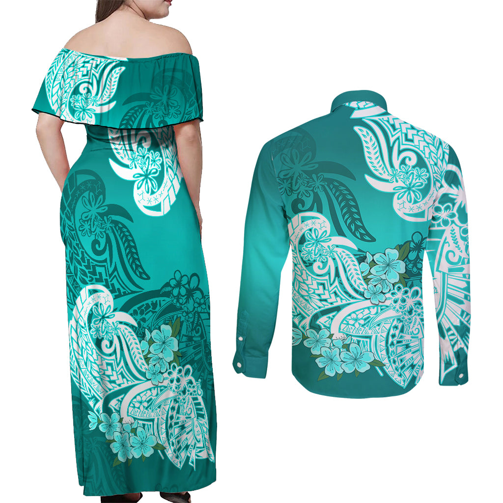 Polynesian Couples Matching Off Shoulder Maxi Dress and Long Sleeve Button Shirts Pacific Flower Mix Floral Tribal Tattoo Turquoise Vibe LT9 - Wonder Print Shop