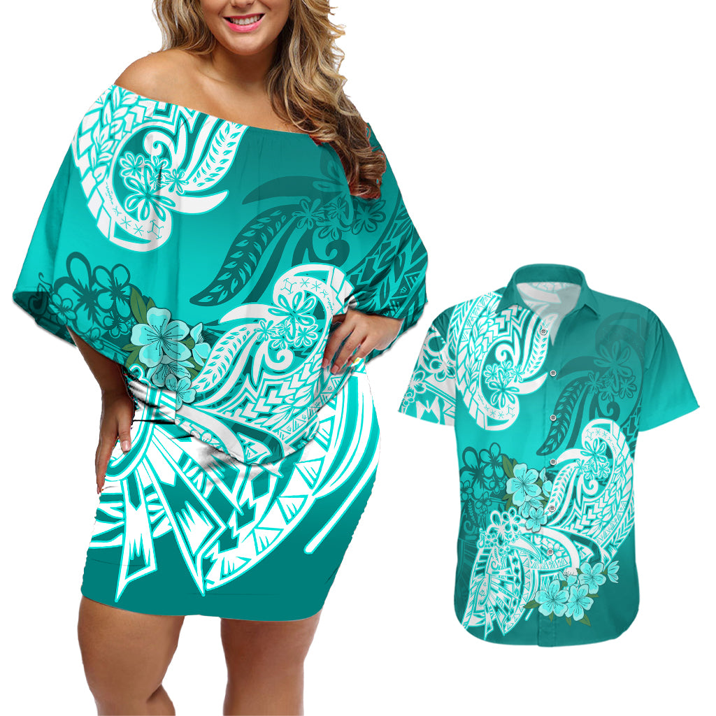 Polynesian Couples Matching Off Shoulder Short Dress and Hawaiian Shirt Pacific Flower Mix Floral Tribal Tattoo Turquoise Vibe LT9 - Wonder Print Shop