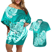 Polynesian Couples Matching Off Shoulder Short Dress and Hawaiian Shirt Pacific Flower Mix Floral Tribal Tattoo Turquoise Vibe LT9 - Wonder Print Shop