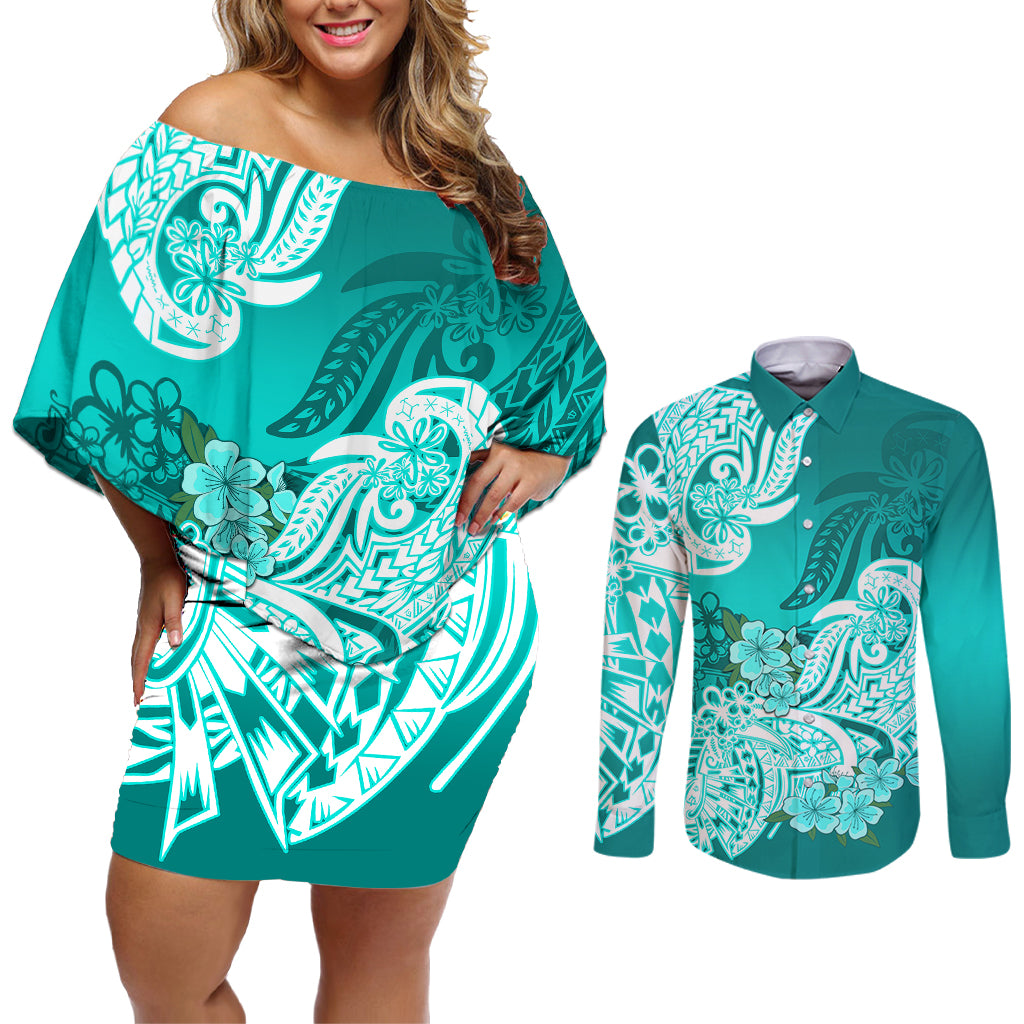Polynesian Couples Matching Off Shoulder Short Dress and Long Sleeve Button Shirts Pacific Flower Mix Floral Tribal Tattoo Turquoise Vibe LT9 - Wonder Print Shop