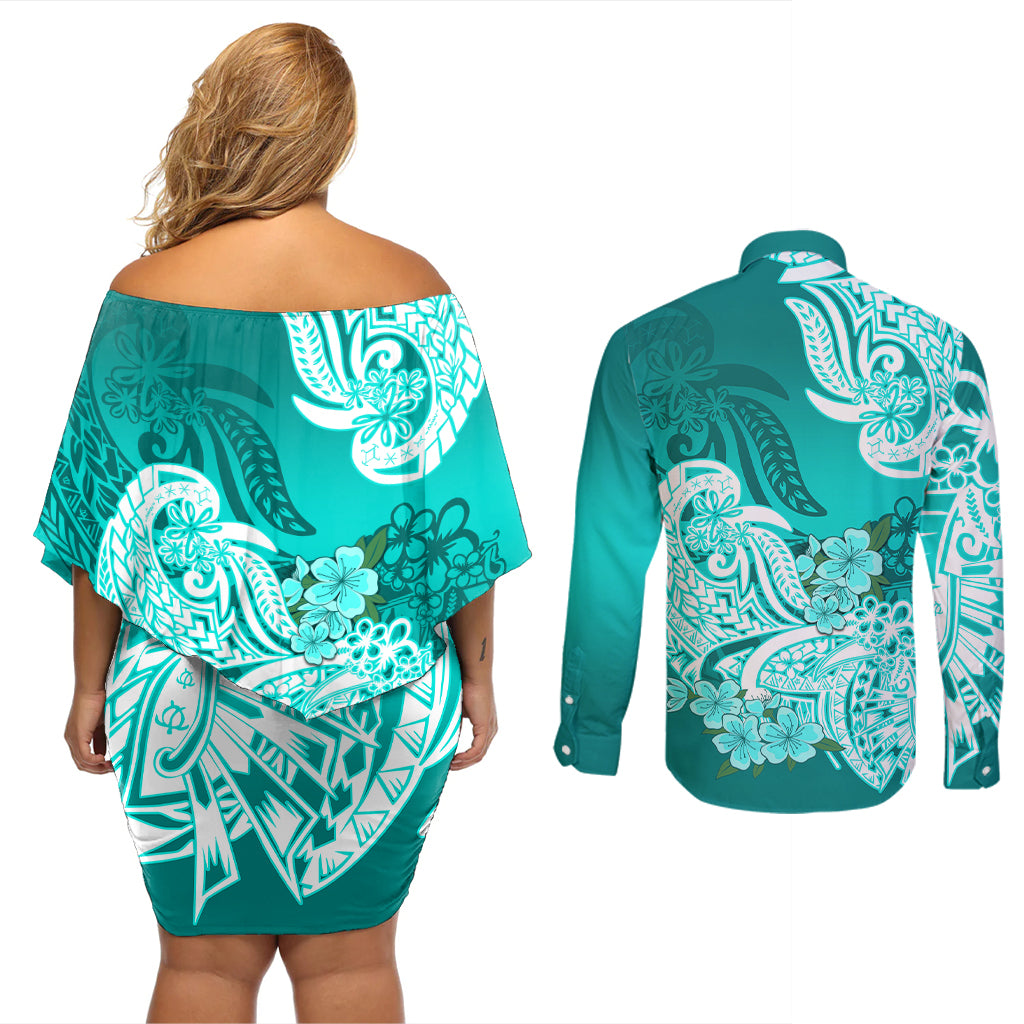 Polynesian Couples Matching Off Shoulder Short Dress and Long Sleeve Button Shirts Pacific Flower Mix Floral Tribal Tattoo Turquoise Vibe LT9 - Wonder Print Shop
