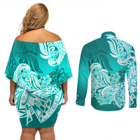 Polynesian Couples Matching Off Shoulder Short Dress and Long Sleeve Button Shirts Pacific Flower Mix Floral Tribal Tattoo Turquoise Vibe LT9 - Wonder Print Shop