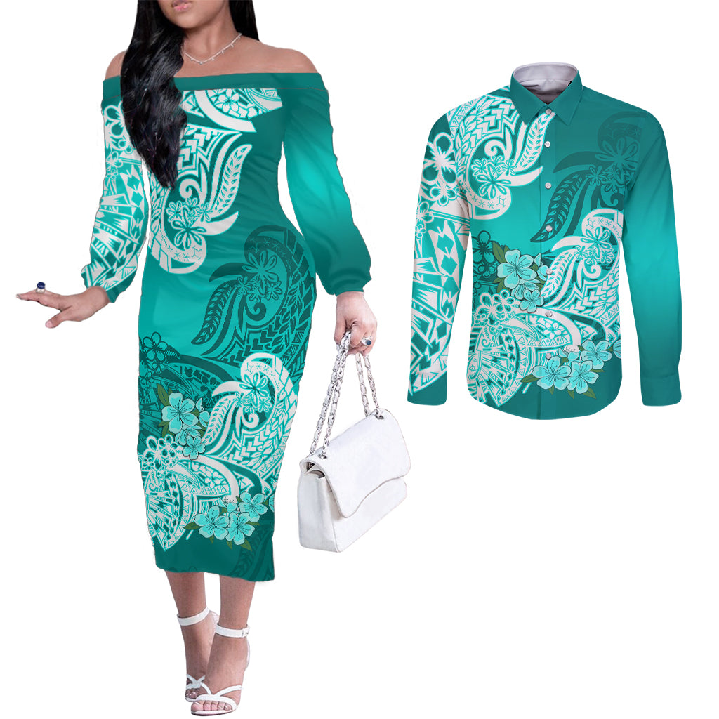 polynesian-couples-matching-off-the-shoulder-long-sleeve-dress-and-long-sleeve-button-shirts-pacific-flower-mix-floral-tribal-tattoo-turquoise-vibe