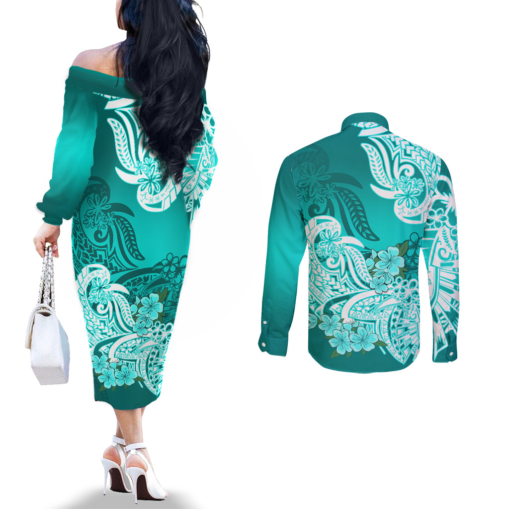 Back view of turquoise long-sleeve dress and button shirt with white floral tribal print