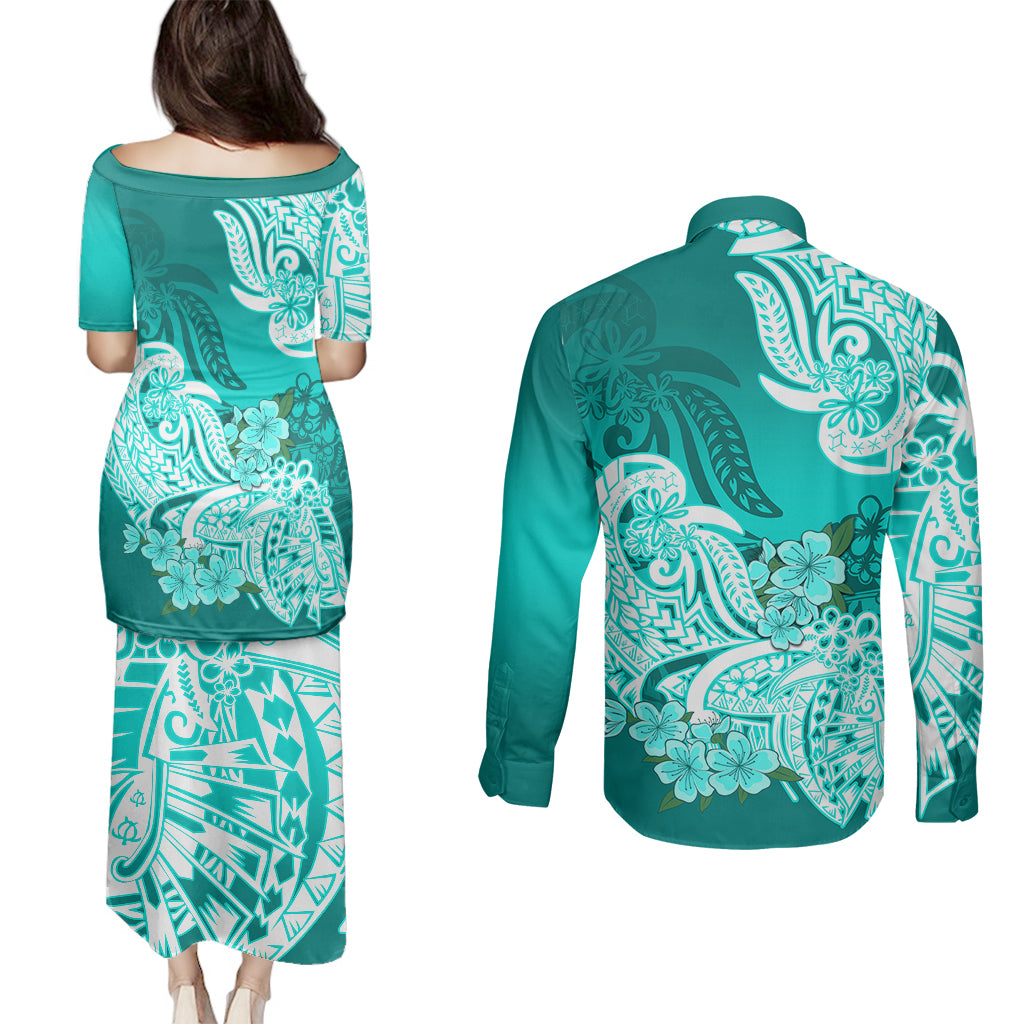 Polynesian Couples Matching Puletasi Dress and Long Sleeve Button Shirts Pacific Flower Mix Floral Tribal Tattoo Turquoise Vibe LT9 - Wonder Print Shop