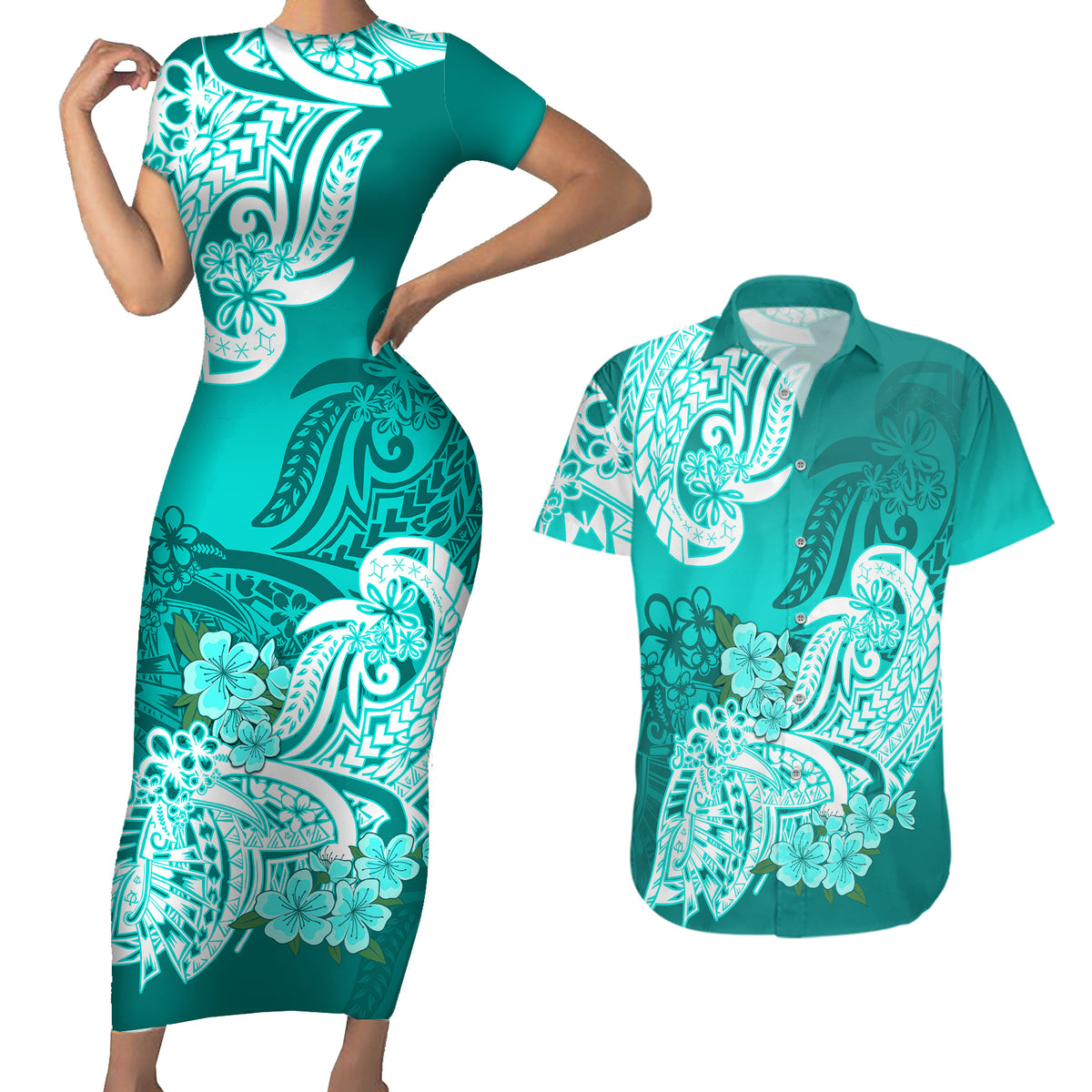 Polynesian Couples Matching Short Sleeve Bodycon Dress and Hawaiian Shirt Pacific Flower Mix Floral Tribal Tattoo Turquoise Vibe LT9 - Wonder Print Shop