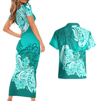 Polynesian Couples Matching Short Sleeve Bodycon Dress and Hawaiian Shirt Pacific Flower Mix Floral Tribal Tattoo Turquoise Vibe LT9 - Wonder Print Shop