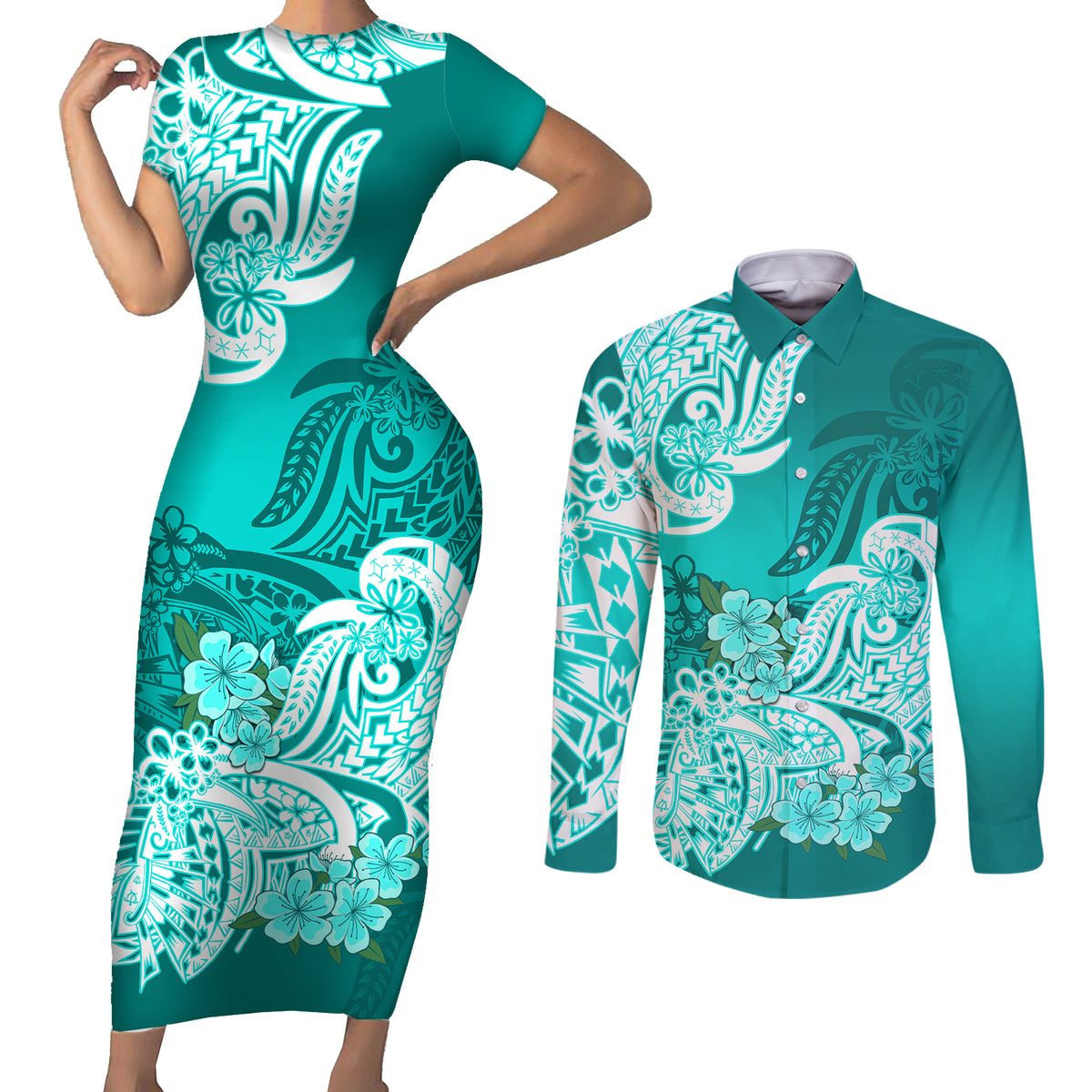 Polynesian Couples Matching Short Sleeve Bodycon Dress and Long Sleeve Button Shirts Pacific Flower Mix Floral Tribal Tattoo Turquoise Vibe LT9 - Wonder Print Shop