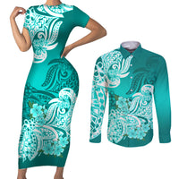 Polynesian Couples Matching Short Sleeve Bodycon Dress and Long Sleeve Button Shirts Pacific Flower Mix Floral Tribal Tattoo Turquoise Vibe LT9 - Wonder Print Shop