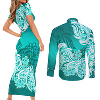 Polynesian Couples Matching Short Sleeve Bodycon Dress and Long Sleeve Button Shirts Pacific Flower Mix Floral Tribal Tattoo Turquoise Vibe LT9 - Wonder Print Shop