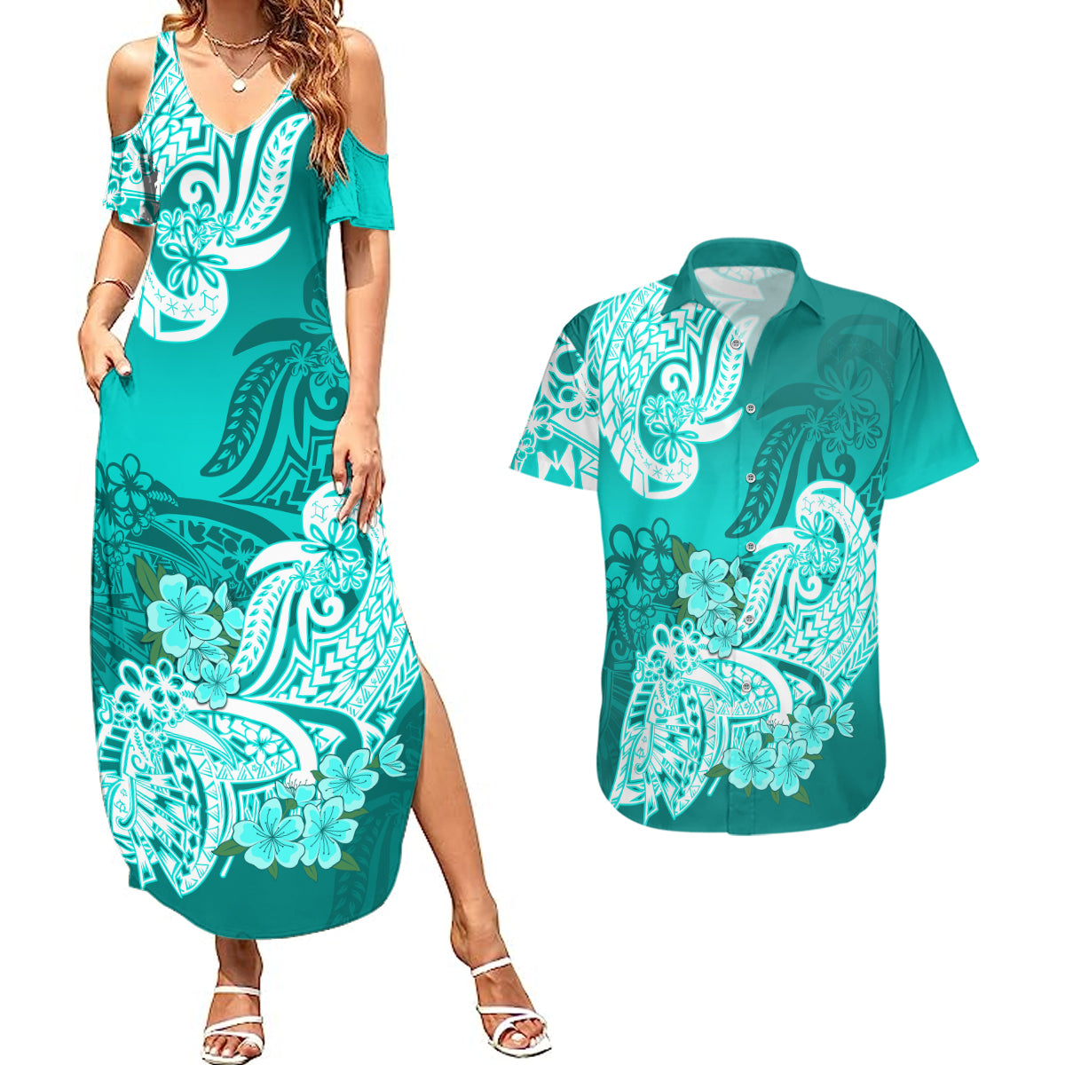 Polynesian Couples Matching Summer Maxi Dress and Hawaiian Shirt Pacific Flower Mix Floral Tribal Tattoo Turquoise Vibe LT9 - Wonder Print Shop