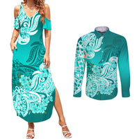 Polynesian Couples Matching Summer Maxi Dress and Long Sleeve Button Shirts Pacific Flower Mix Floral Tribal Tattoo Turquoise Vibe LT9 - Wonder Print Shop