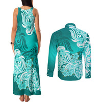 Polynesian Couples Matching Tank Maxi Dress and Long Sleeve Button Shirts Pacific Flower Mix Floral Tribal Tattoo Turquoise Vibe LT9 - Wonder Print Shop
