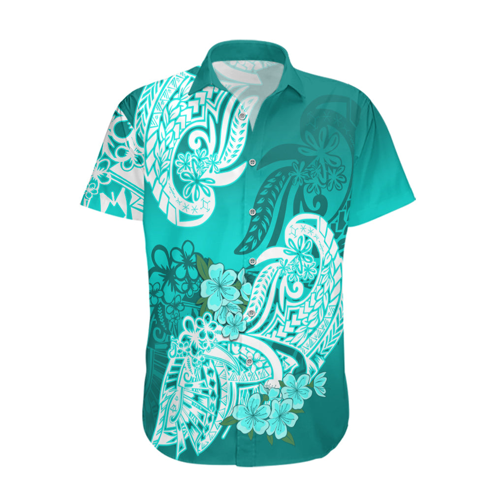 Polynesian Hawaiian Shirt Pacific Flower Mix Floral Tribal Tattoo Turquoise Vibe - Wonder Print Shop