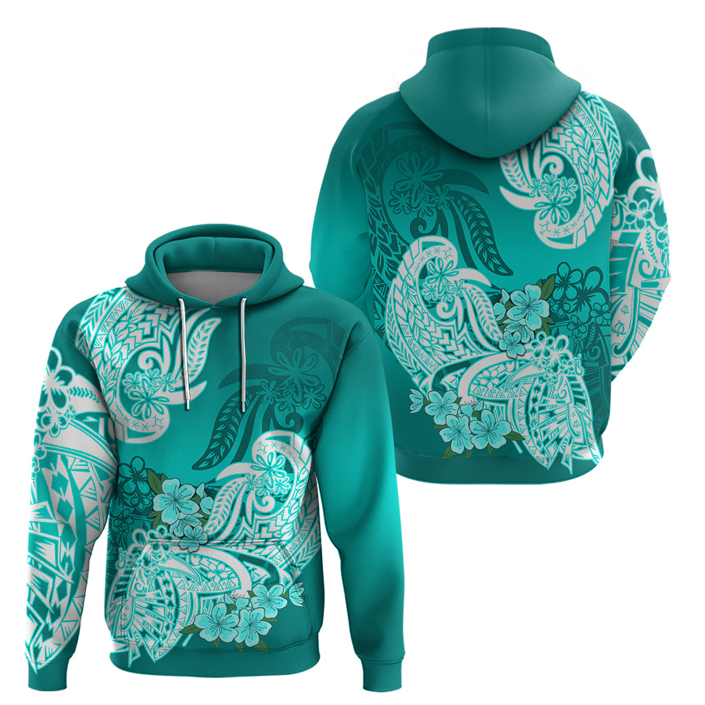 Polynesian Hoodie Pacific Flower Mix Floral Tribal Tattoo Turquoise Vibe - Wonder Print Shop