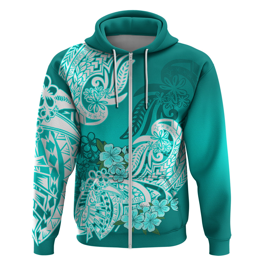 Polynesian Hoodie Pacific Flower Mix Floral Tribal Tattoo Turquoise Vibe - Wonder Print Shop
