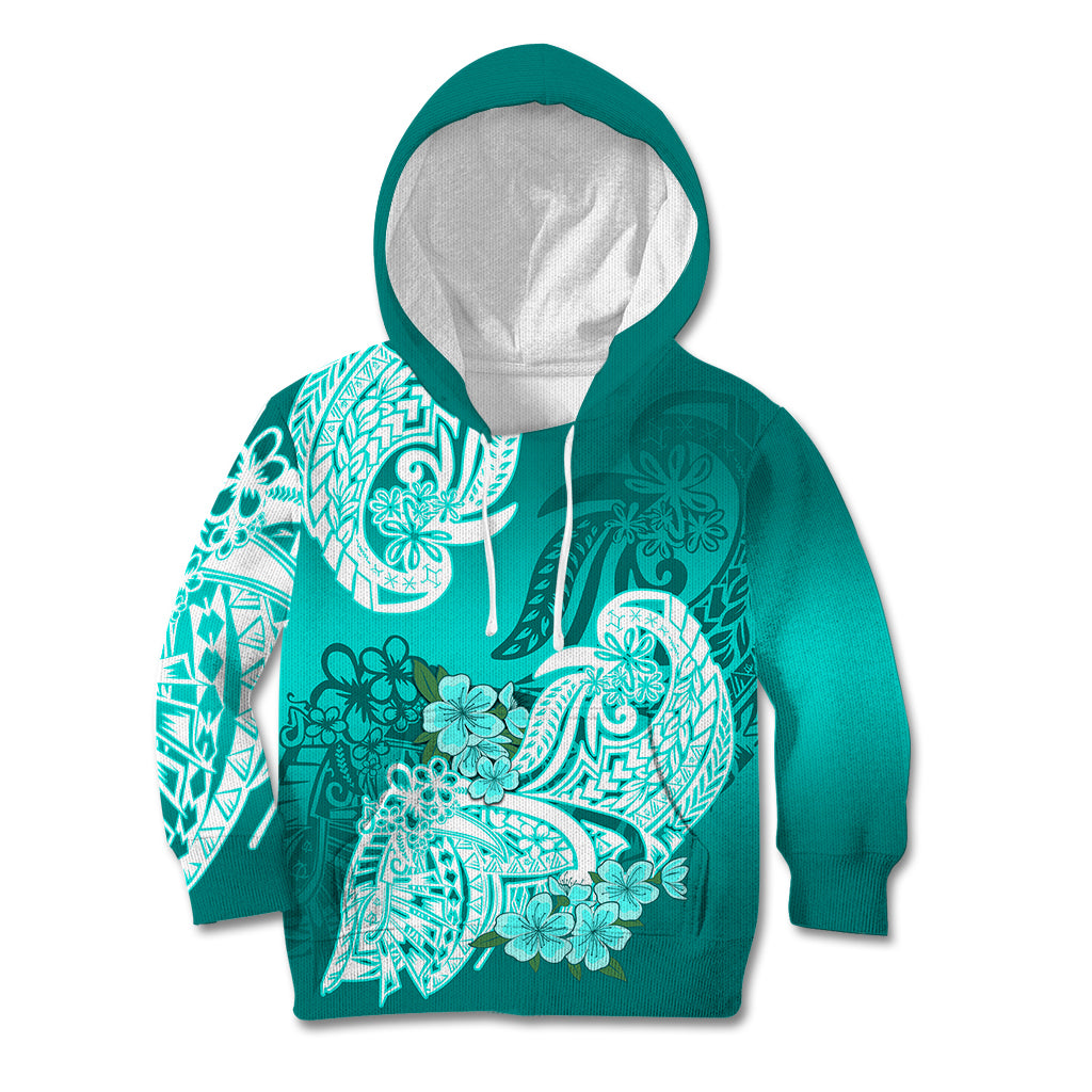 Polynesian Kid Hoodie Pacific Flower Mix Floral Tribal Tattoo Turquoise Vibe - Wonder Print Shop