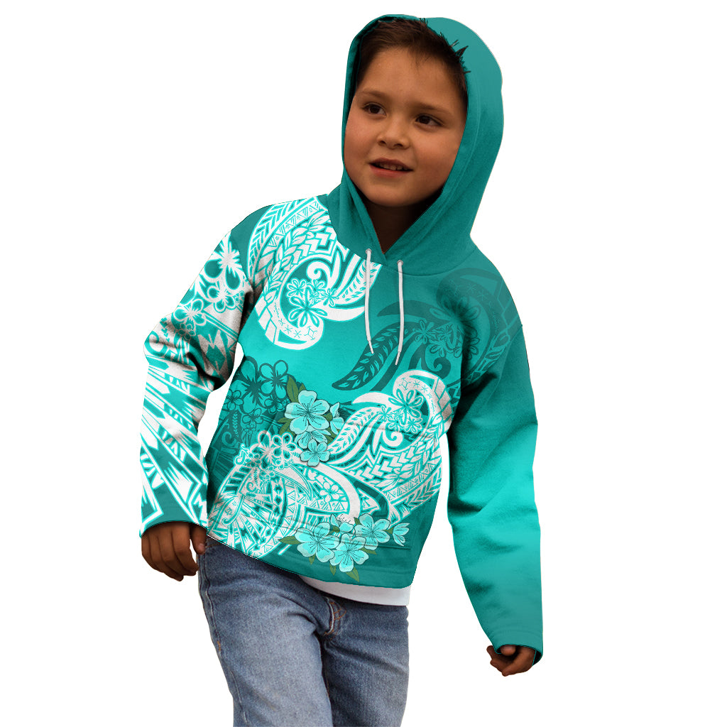 Polynesian Kid Hoodie Pacific Flower Mix Floral Tribal Tattoo Turquoise Vibe - Wonder Print Shop