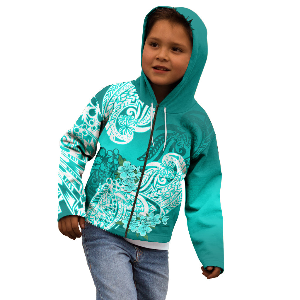 Polynesian Kid Hoodie Pacific Flower Mix Floral Tribal Tattoo Turquoise Vibe - Wonder Print Shop
