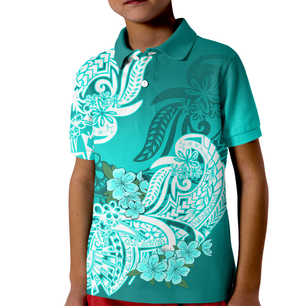 Polynesian Kid Polo Shirt Pacific Flower Mix Floral Tribal Tattoo Turquoise Vibe - Wonder Print Shop