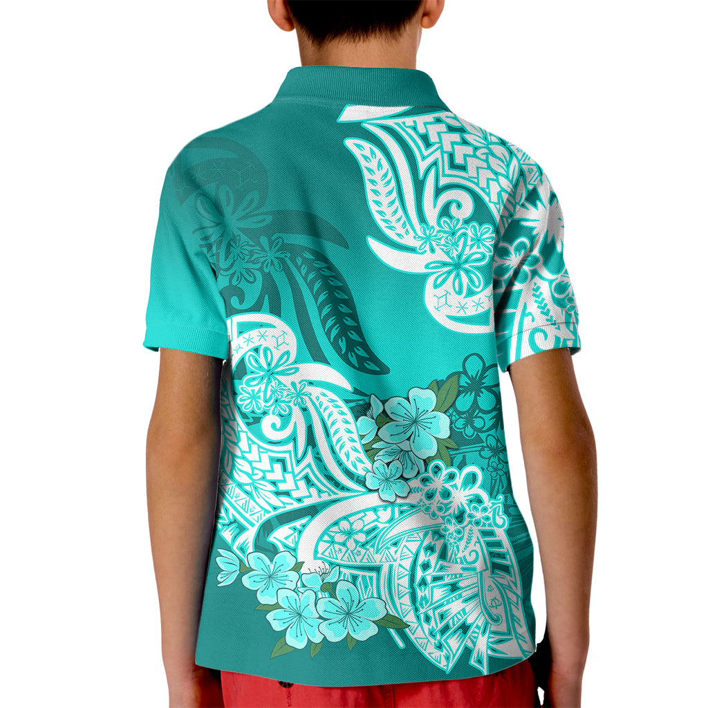 Polynesian Kid Polo Shirt Pacific Flower Mix Floral Tribal Tattoo Turquoise Vibe - Wonder Print Shop