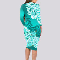 Polynesian Long Sleeve Bodycon Dress Pacific Flower Mix Floral Tribal Tattoo Turquoise Vibe - Wonder Print Shop