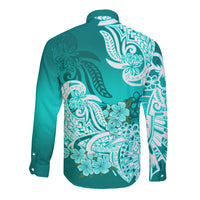 Polynesian Long Sleeve Button Shirt Pacific Flower Mix Floral Tribal Tattoo Turquoise Vibe - Wonder Print Shop