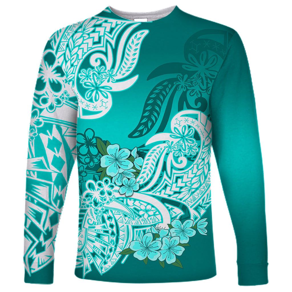 Polynesian Long Sleeve Shirt Pacific Flower Mix Floral Tribal Tattoo Turquoise Vibe - Wonder Print Shop