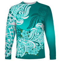 Polynesian Long Sleeve Shirt Pacific Flower Mix Floral Tribal Tattoo Turquoise Vibe - Wonder Print Shop