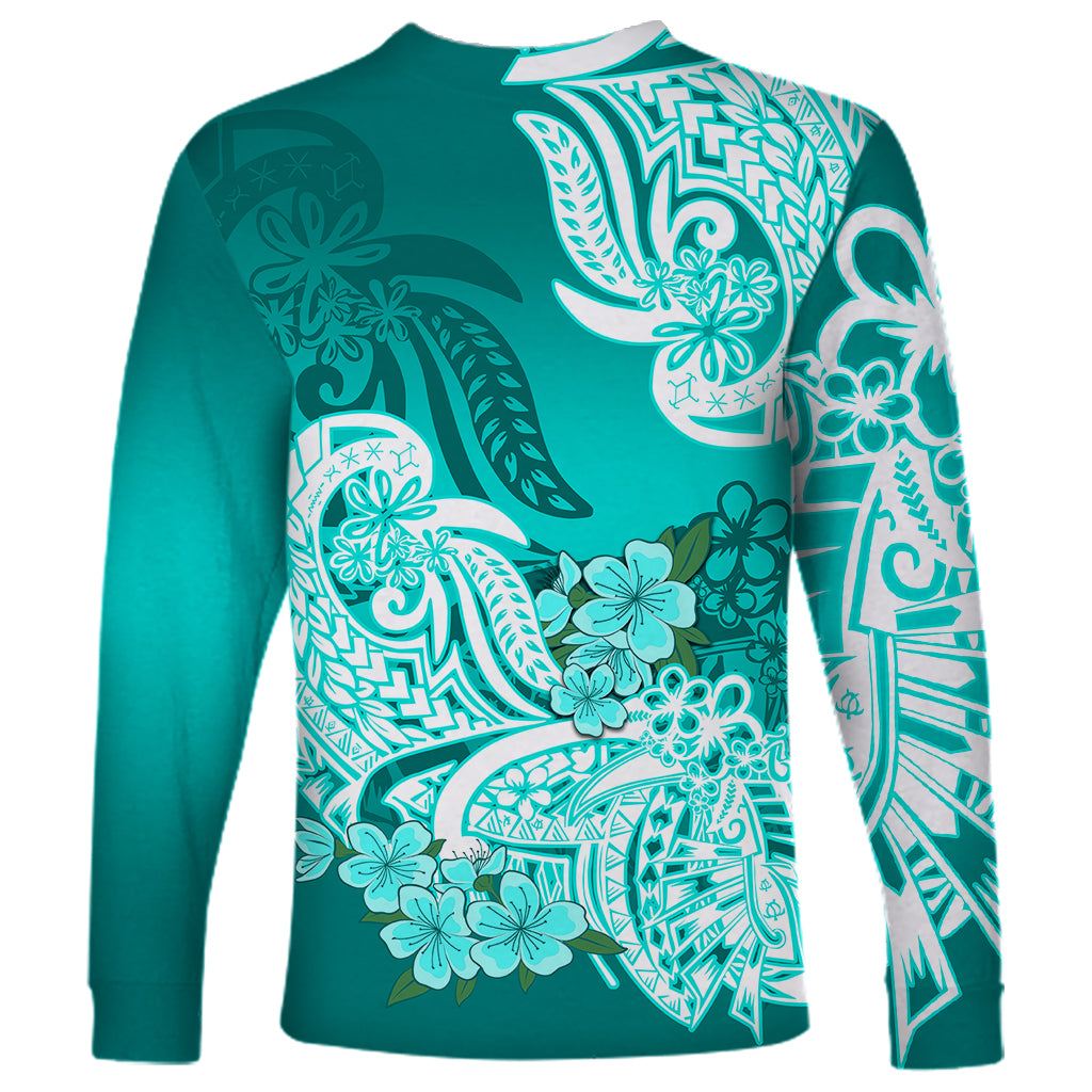 Polynesian Long Sleeve Shirt Pacific Flower Mix Floral Tribal Tattoo Turquoise Vibe - Wonder Print Shop