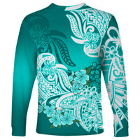 Polynesian Long Sleeve Shirt Pacific Flower Mix Floral Tribal Tattoo Turquoise Vibe - Wonder Print Shop
