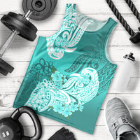Men's turquoise tank top with white floral tribal print, sleeveless crew neck.