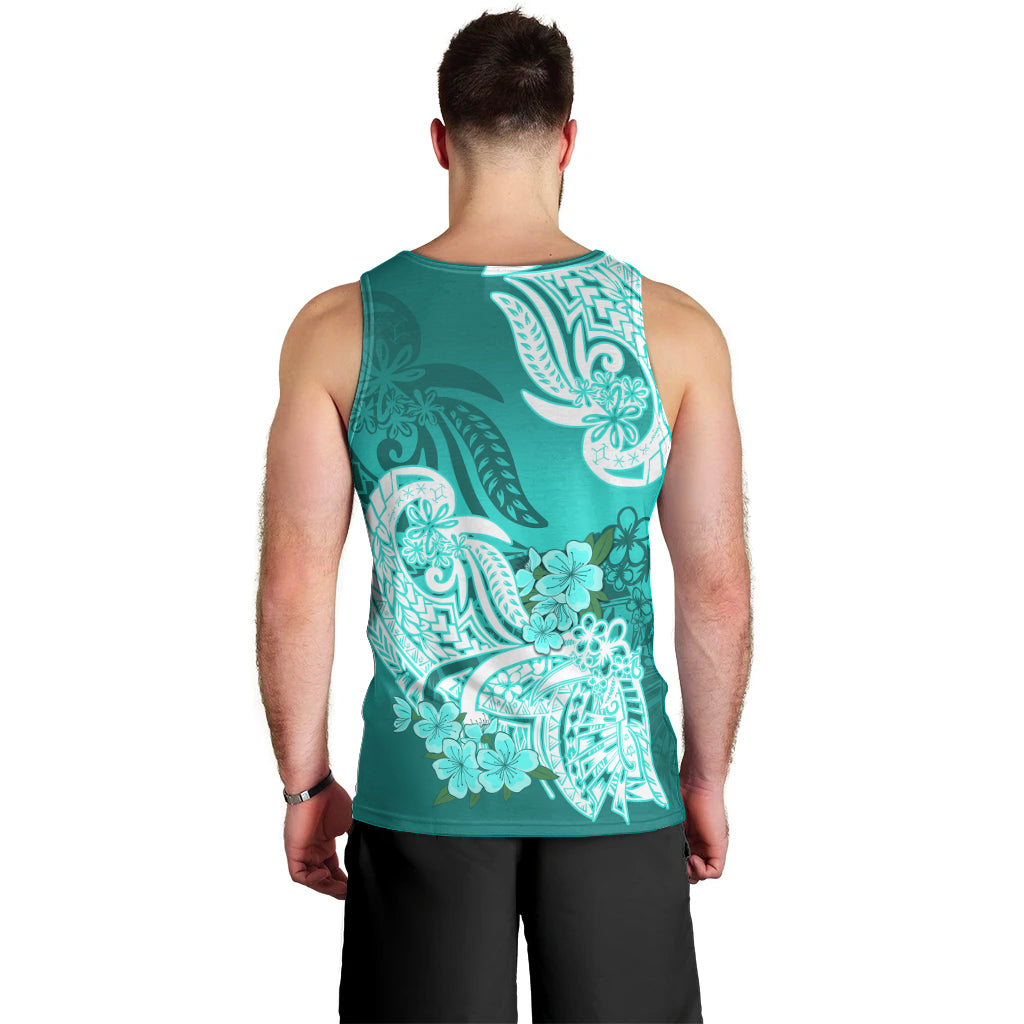 Men's turquoise tank top back view with large white floral tribal graphic.