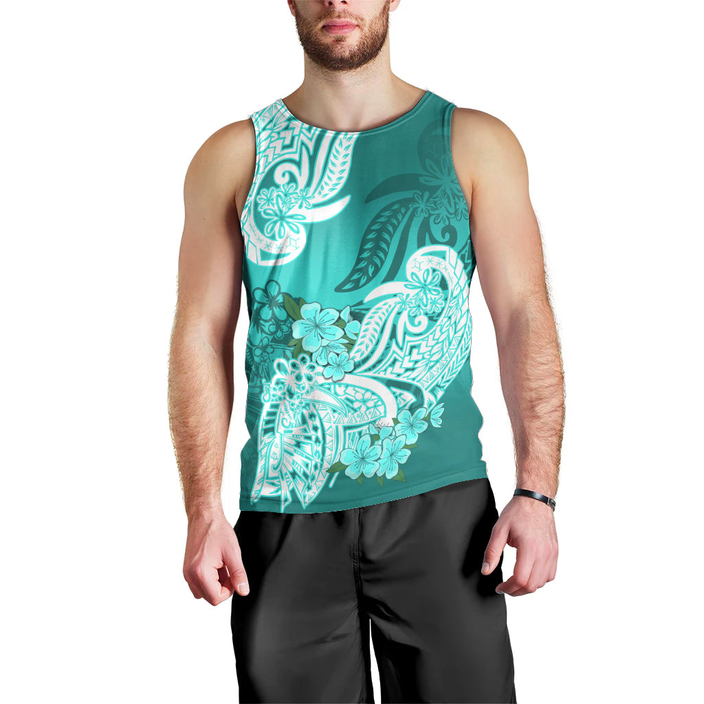 Men's turquoise sleeveless tank top with large white floral tribal graphic on front.