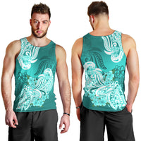 Men's turquoise tank top front and back with white floral tribal graphics.