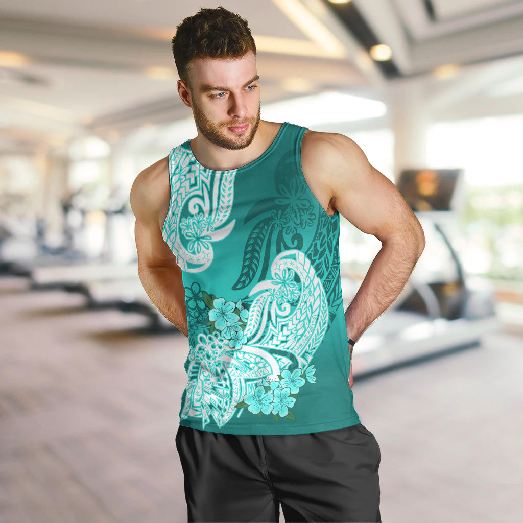 Men's turquoise tank top on model with white floral tribal graphic, sleeveless.