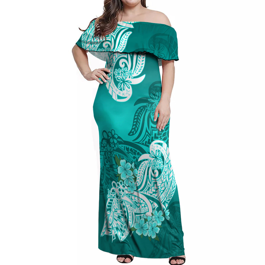 Polynesian Off Shoulder Maxi Dress Pacific Flower Mix Floral Tribal Tattoo Turquoise Vibe - Wonder Print Shop