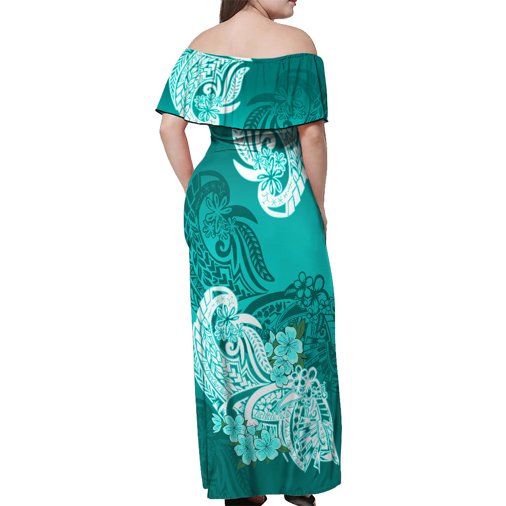 Polynesian Off Shoulder Maxi Dress Pacific Flower Mix Floral Tribal Tattoo Turquoise Vibe - Wonder Print Shop