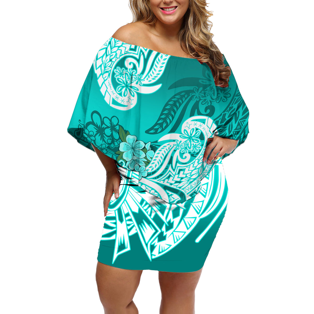 Polynesian Off Shoulder Short Dress Pacific Flower Mix Floral Tribal Tattoo Turquoise Vibe - Wonder Print Shop