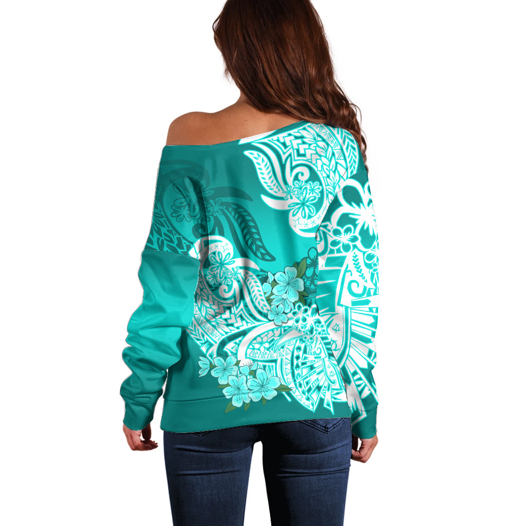 Polynesian Off Shoulder Sweater Pacific Flower Mix Floral Tribal Tattoo Turquoise Vibe - Wonder Print Shop